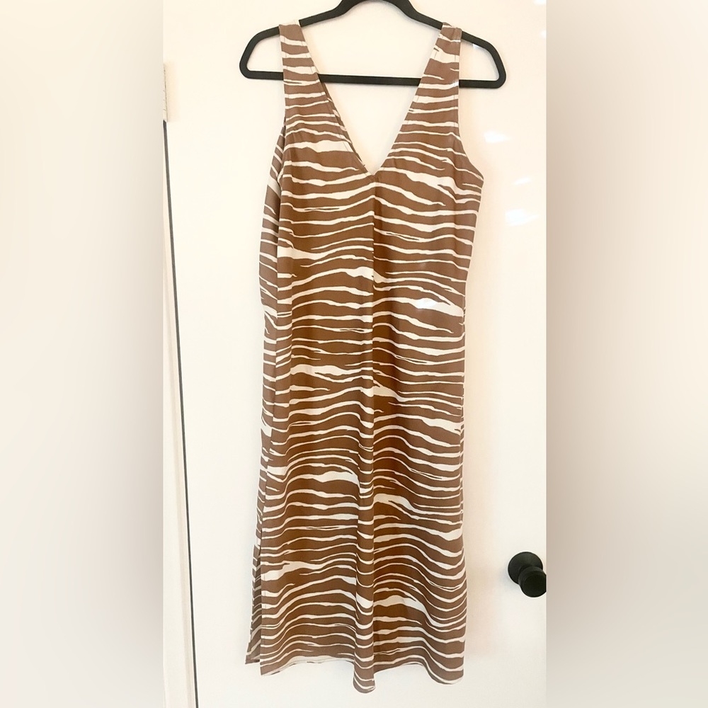 A New Day Brown Zebra Stripe Satin Slip Dress w/ V-Neck- Size Large - Picture 3 of 4